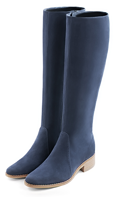 Denim blue women's riding knee-high boots. Round toe. Low leather soles. Made to measure. Front view - Florence KOOIJMAN